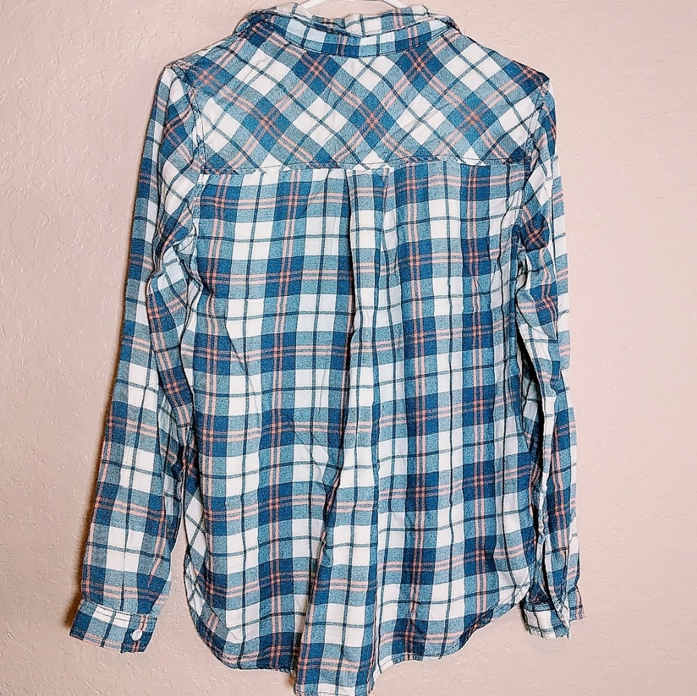 Bella Dahl button down plaid hi low Indigo top - Picture 4 of 8
